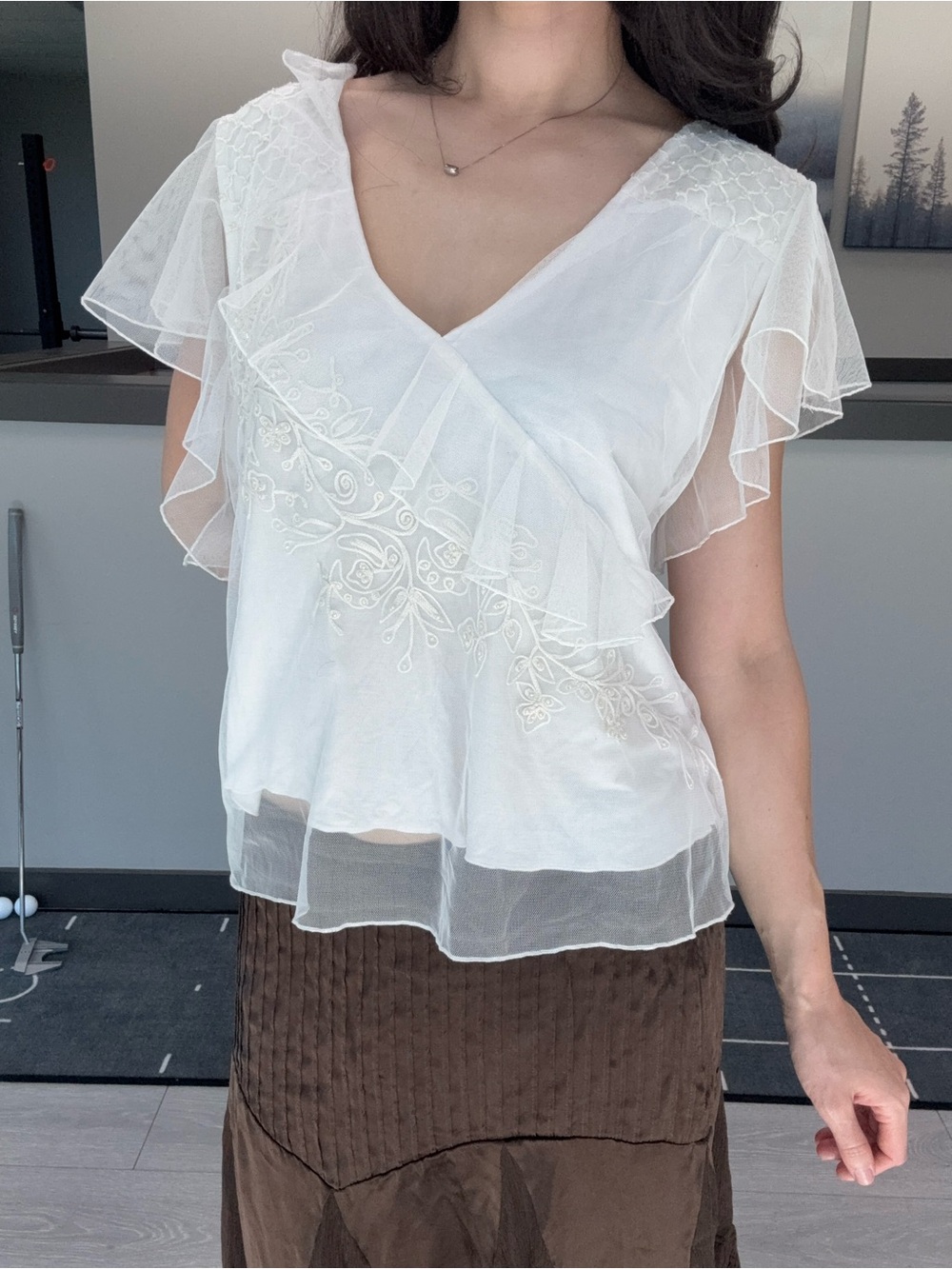Vintage fairy whimsy White Ruffled Embroidered V-Neck Women's Top